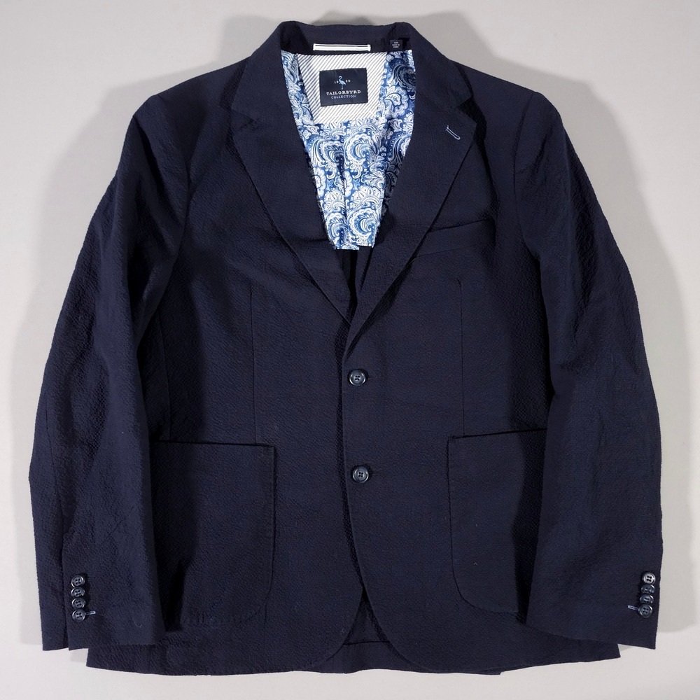 Tailorbyrd Blazer Mens 42R Navy Blue Seersucker Stretch Cotton Paisley Lining